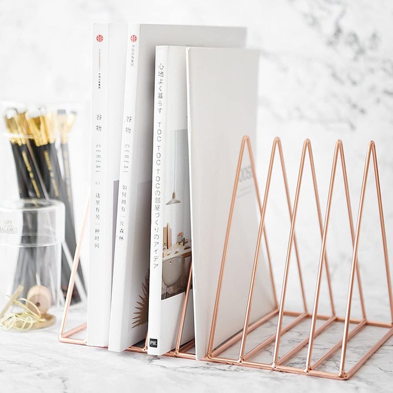 Sooyee 9 Slot Rose Gold Magazine Holder,Desktop File Sorter Organizer Triangle Bookshelf Decor Home Office - Image 4